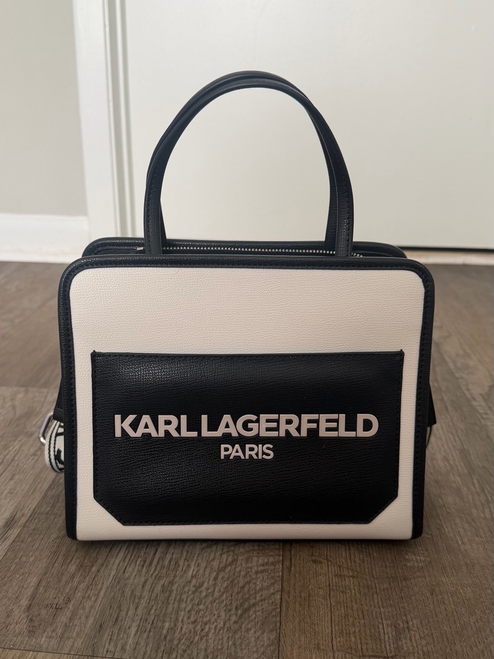 Karl Lagerfeld Black and White Logo Pocket Satchel